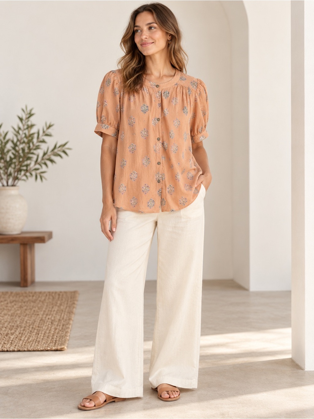 Indi & Cold Floral Cotton Button-Front Blouse Size Small